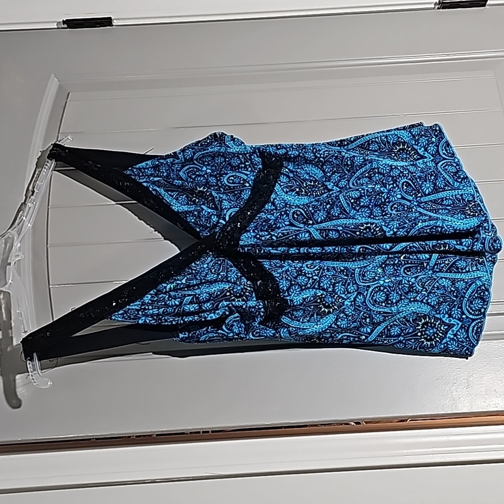 Teal and black tank blouse with shiny sequins all over.
